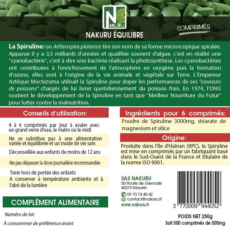 Spiruline | 500 Comprimés | Gamme Équilibre | Fabriqué en France | "Votre Harmonie au Naturel!"