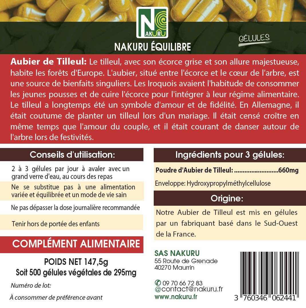 Aubier de Tilleul | 500 Gélules Végétales |Gamme Équilibre | Fabriqué en France | "Le Nectar de Forêt!"