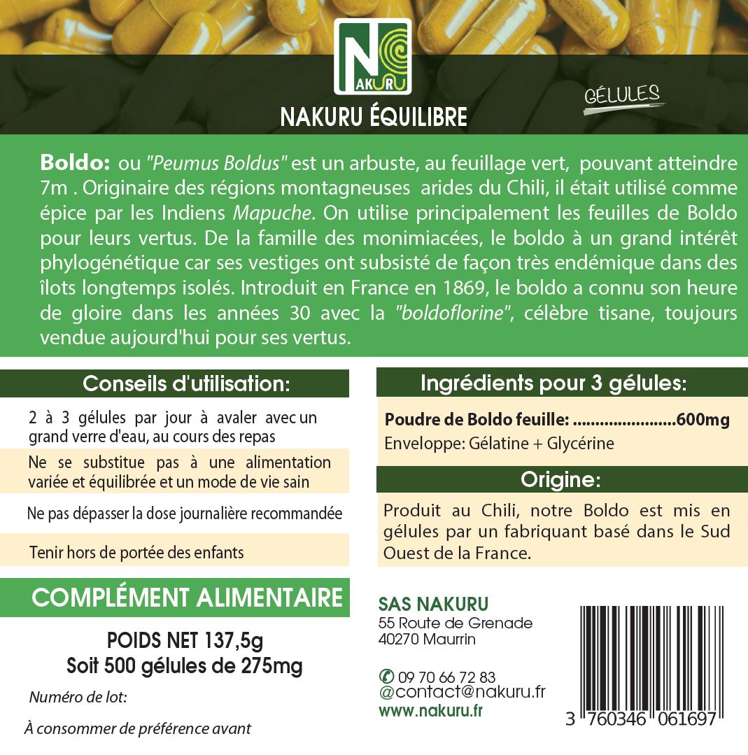 Boldo | 500 Gélules | Gamme Équilibre | Fabriqué en France | "Le Secret des Andes !"