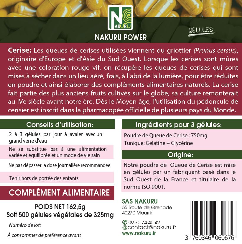 Queue de Cerise | 500 Gélules | Gamme Power | Fabriqué en France | "Pour se Refaire la Cerise !"