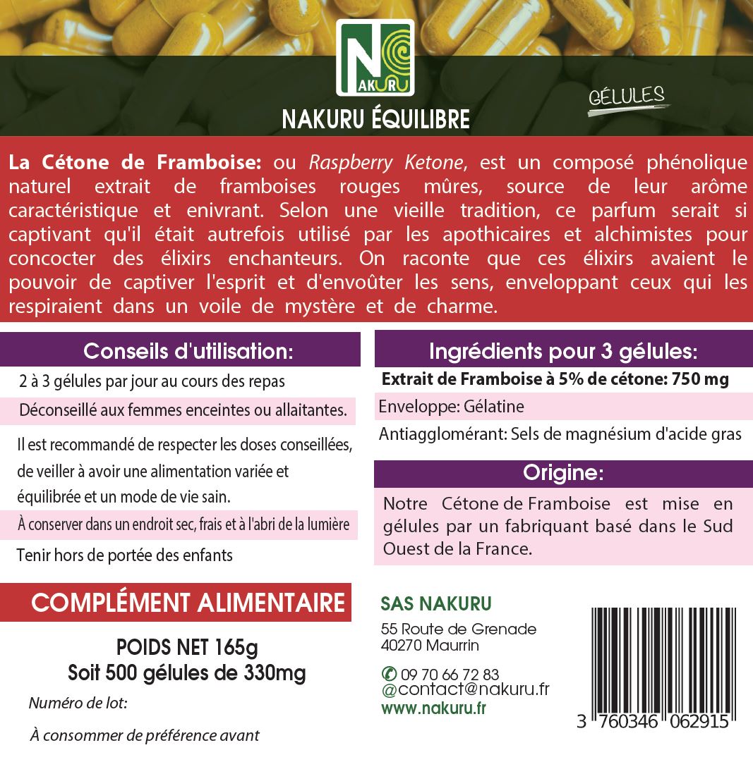 Cétone de Framboise | 500 Gélules |Gamme Équilibre | Fabriqué en France | "L'Essence de Rubis !"