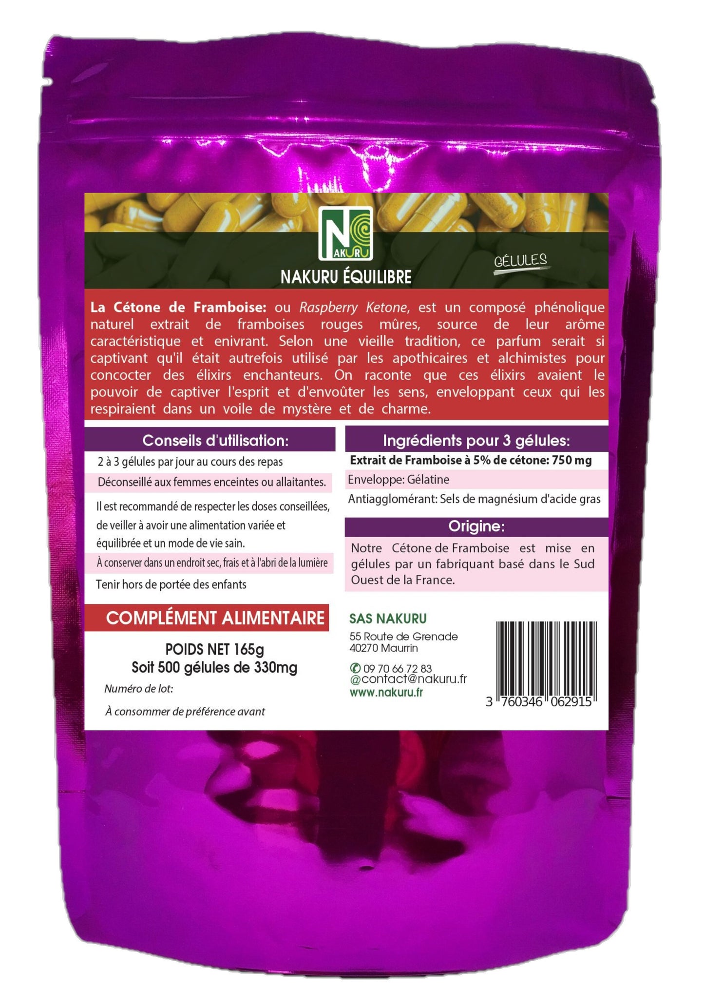 Cétone de Framboise | 500 Gélules |Gamme Équilibre | Fabriqué en France | "L'Essence de Rubis !"