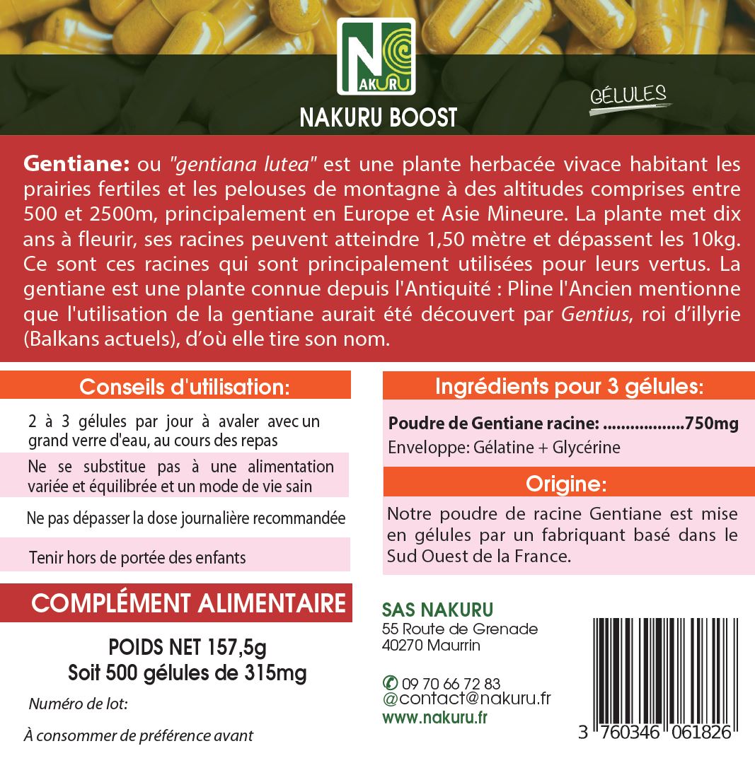Gentiane | 500 Gélules | Gamme Boost | Fabriqué en France | "La Fée Jaune !"