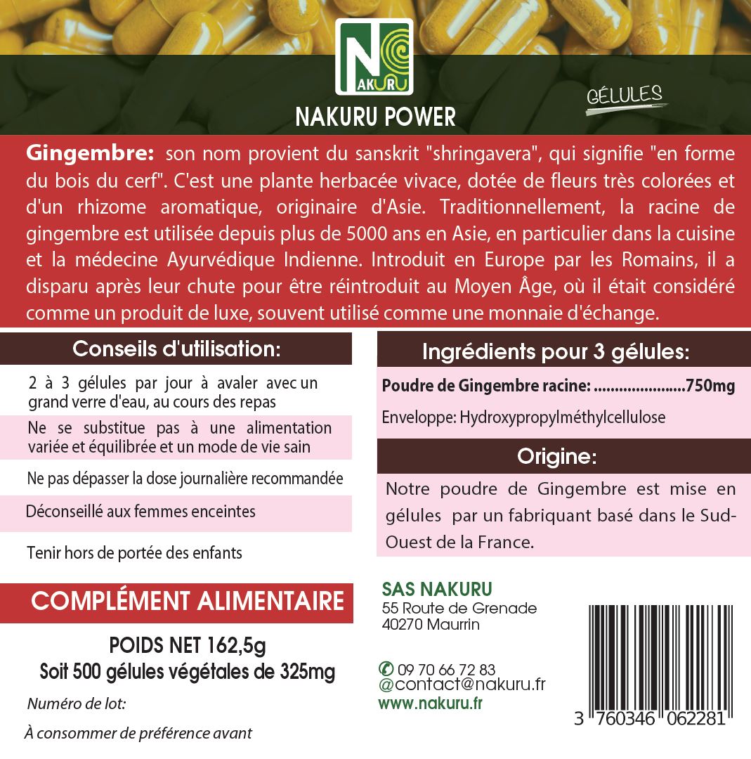 Gingembre | 500 Gélules Végétales | Gamme Power | Fabriqué en France | "Un Zeste de Zing!"