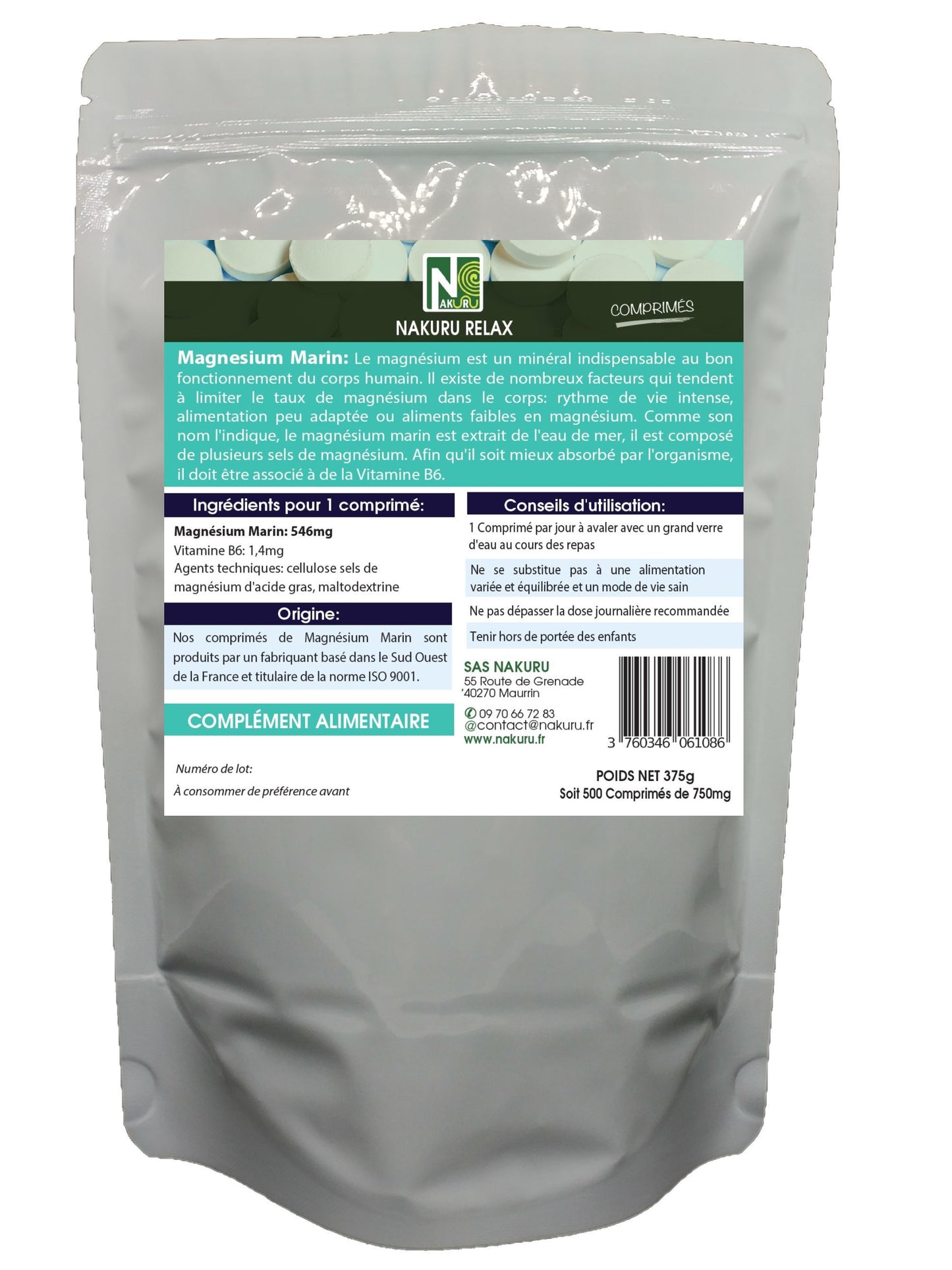 Magnésium Marin + Vitamine B6 | 500 Comprimés | Gamme Relax | Fabriqué en France