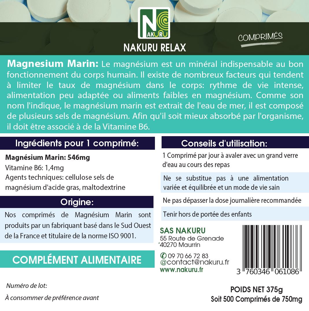 Magnésium Marin + Vitamine B6 | 500 Comprimés | Gamme Relax | Fabriqué en France