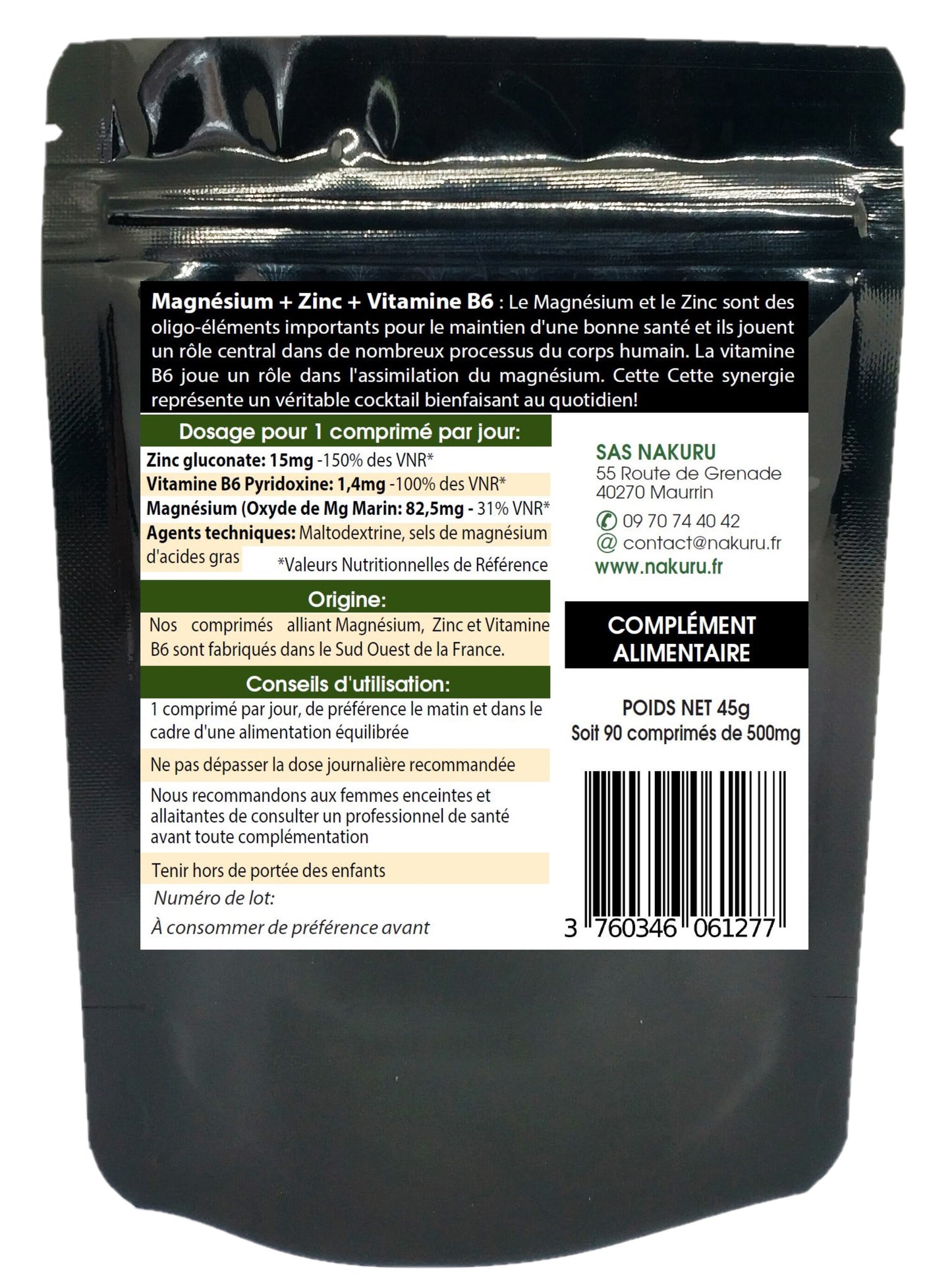 Magnésium + Zinc+ Vitamine B6 | 90 Comprimés | NAKURU Équilibre | Fabriqué en France | "Le Cocktail Anti-Stress !"