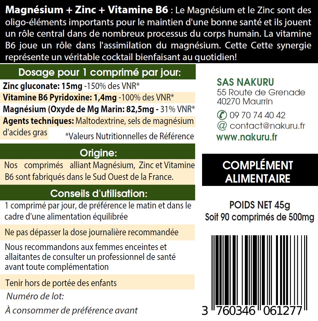 Magnésium + Zinc+ Vitamine B6 | 90 Comprimés | NAKURU Équilibre | Fabriqué en France | "Le Cocktail Anti-Stress !"