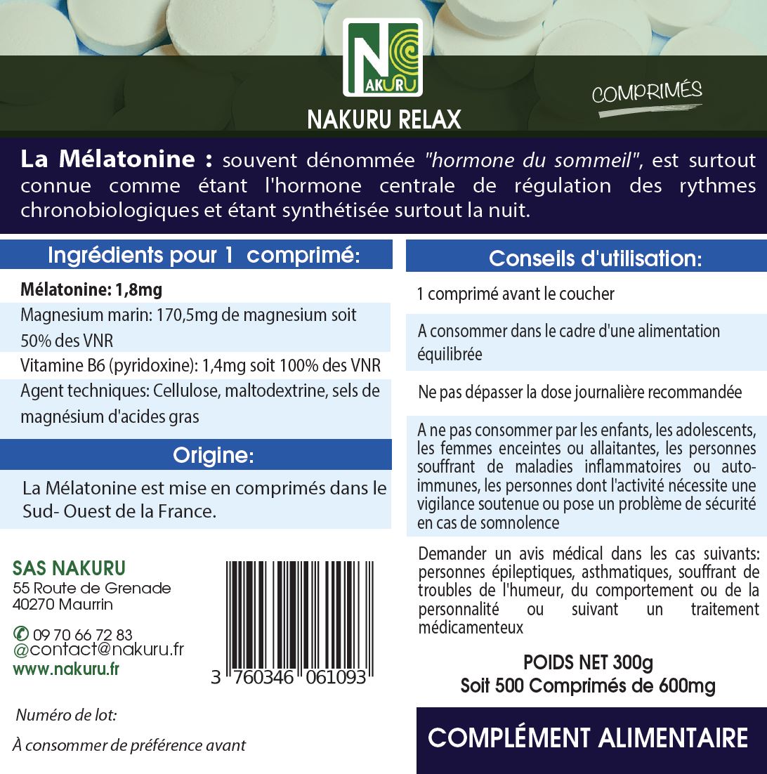 Mélatonine Forte 1,8mg - Magnésium - Vitamine B6 | 500 Comprimés | Gamme Relax | Fabriqué en France