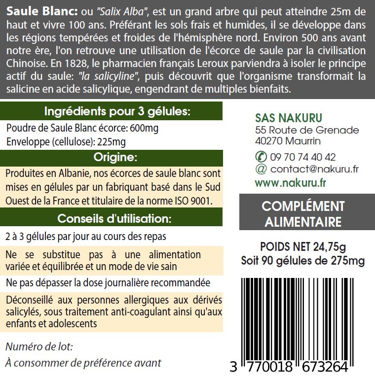 Saule Blanc | 90 Gélules Végétales| Gamme Power | Fabriqué en France | "Le Grand Père Consolateur !"