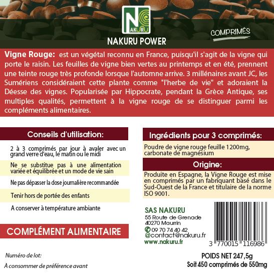 Vigne Rouge | 450 Comprimés |Gamme Power | Fabriqué en France | "La Plante des Jambes Légères!"