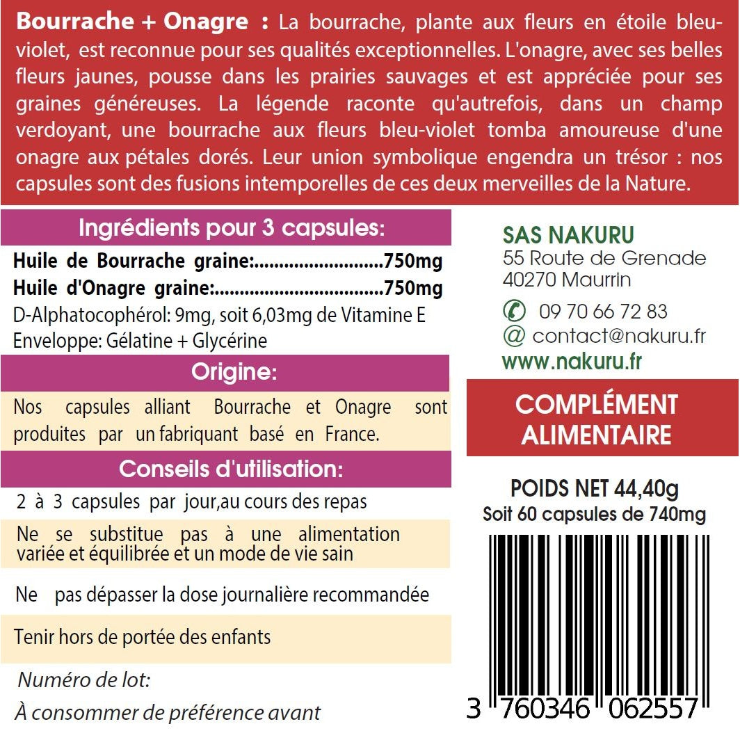 NAKURU Bourrache + Onagre — 60 capsules — Étiquette dos