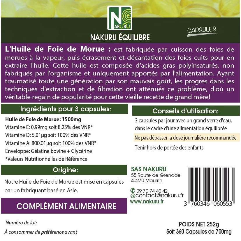 NAKURU Foie de Morue — 360 capsules — Étiquette dos