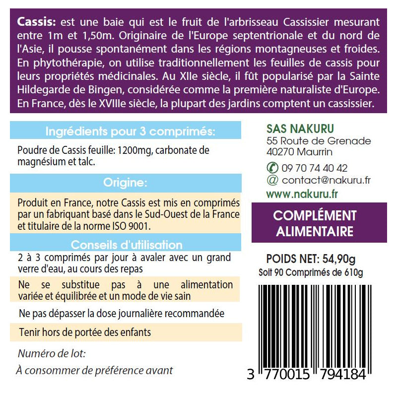 NAKURU Cassis — 90 comprimés — Étiquette dos