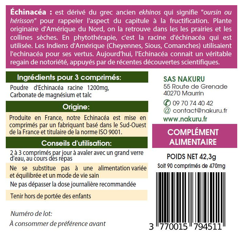 NAKURU Échinacéa — 90 comprimés — Étiquette dos