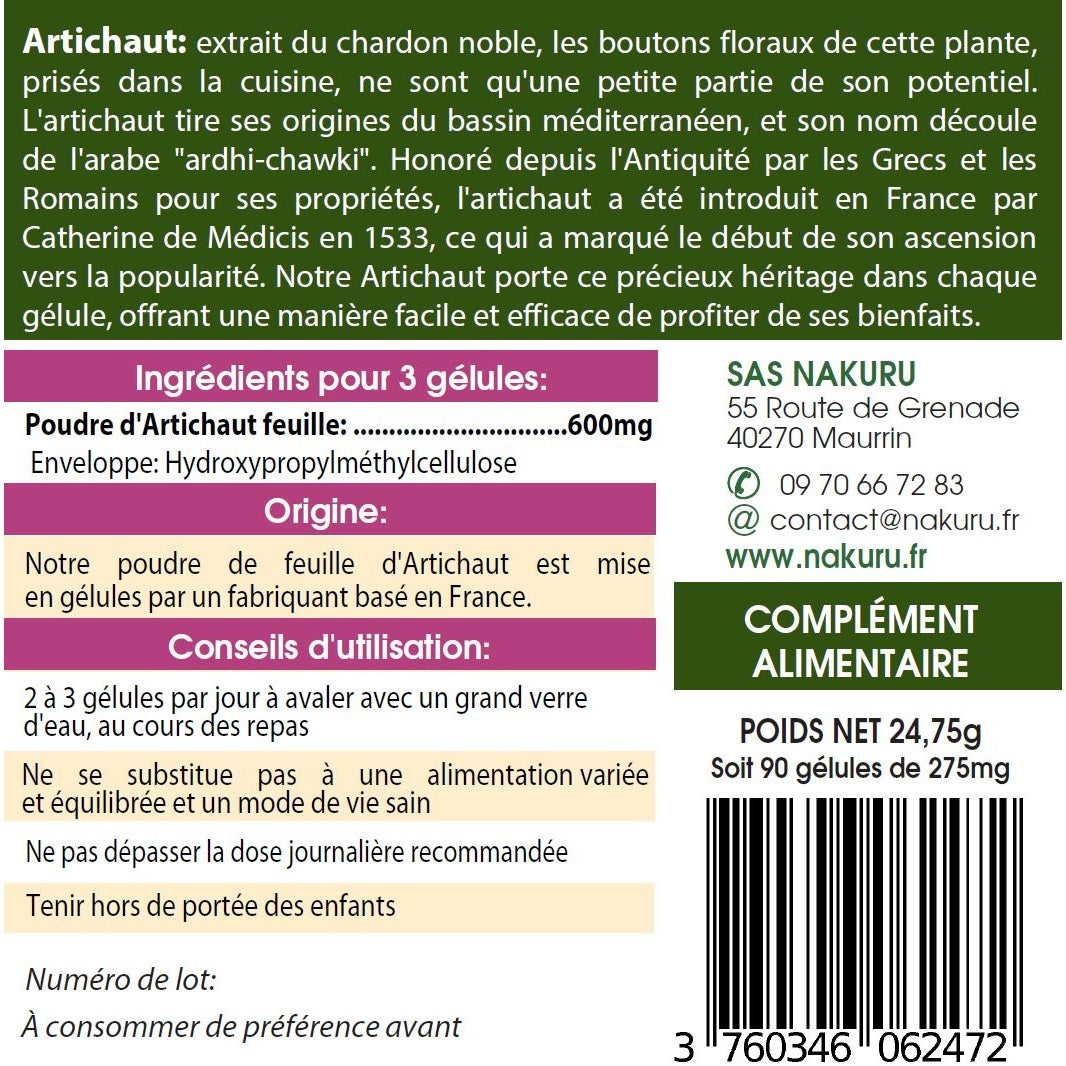 NAKURU Artichaut — 90 gélules — Étiquette dos