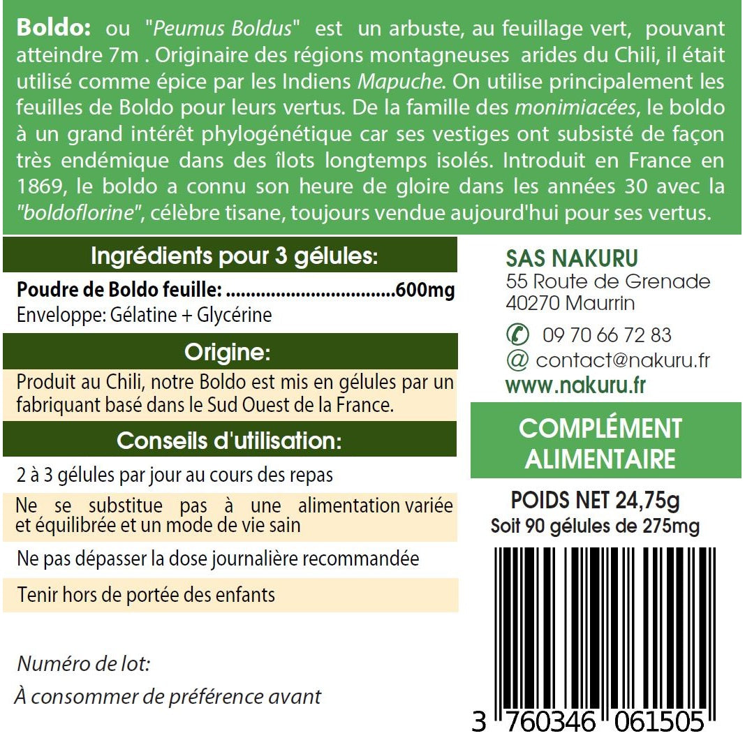 NAKURU Boldo — 90 gélules — Étiquette dos