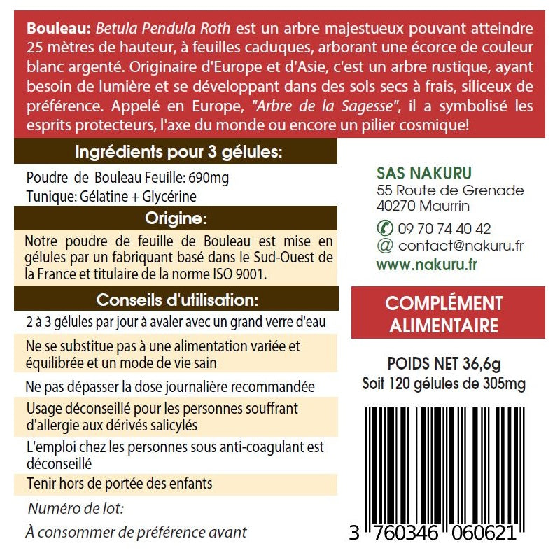NAKURU Bouleau — 120 gélules — Étiquette dos