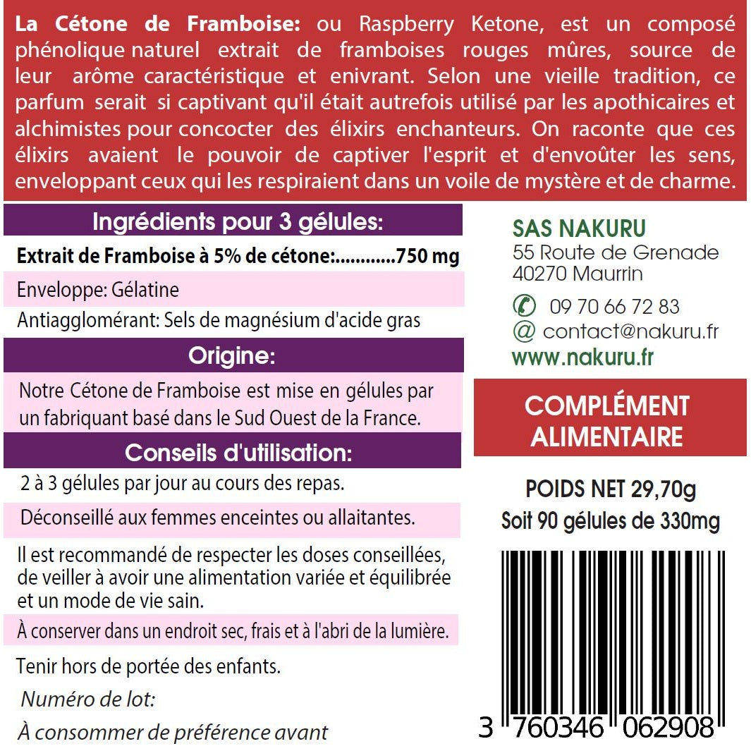 NAKURU Cétone de Framboise — 90 gélules — Étiquette dos