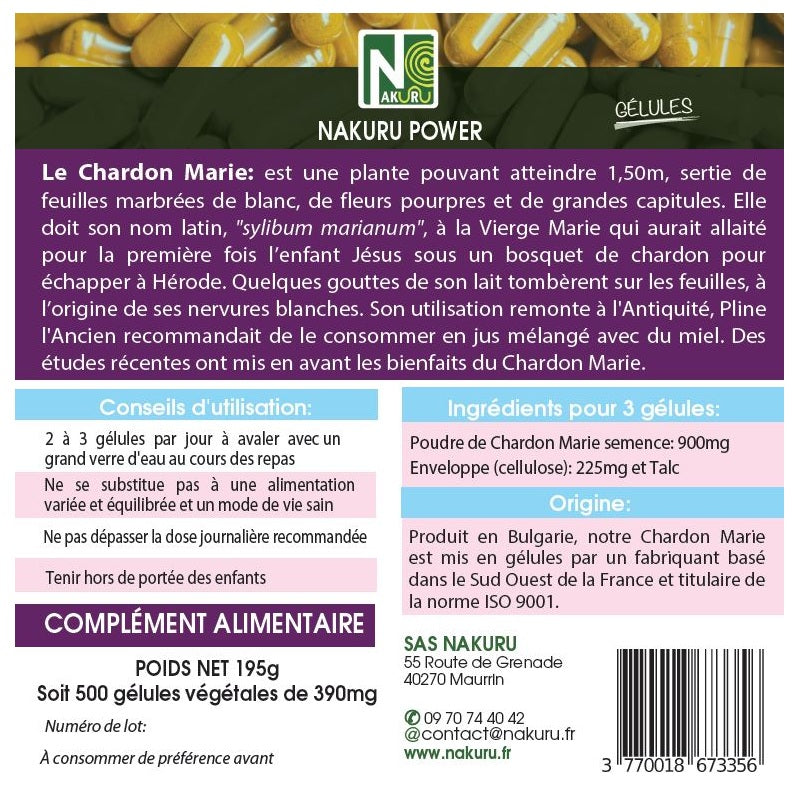 NAKURU Chardon Marie — 500 gélules — Étiquette dos
