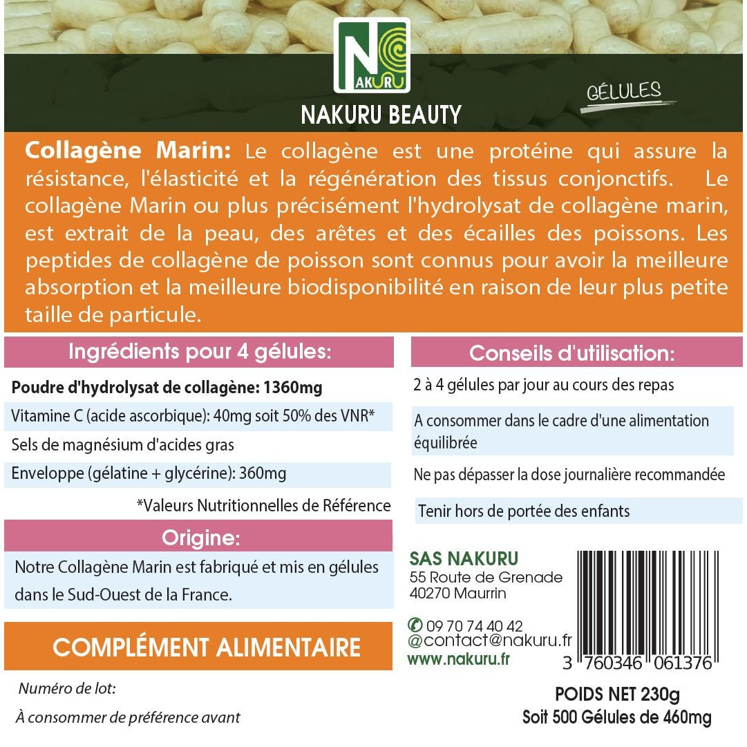 NAKURU Collagène — 500 gélules — Étiquette dos
