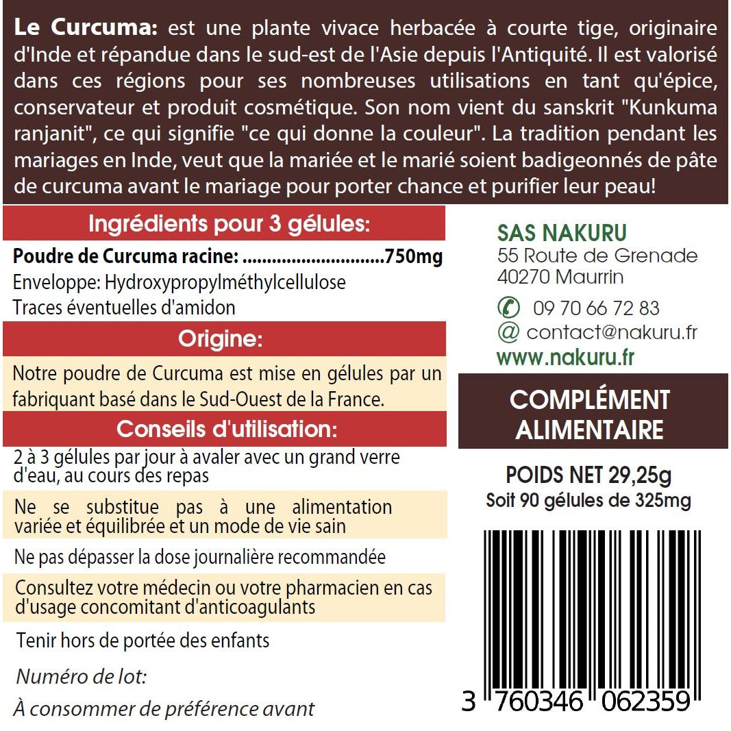 NAKURU Curcuma — 90 gélules — Étiquette dos