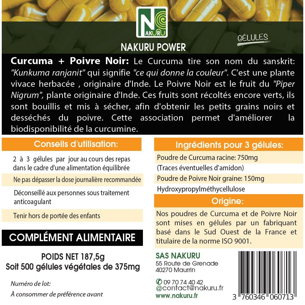 NAKURU Curcuma + Poivre Noir — 500 gélules — Étiquette dos