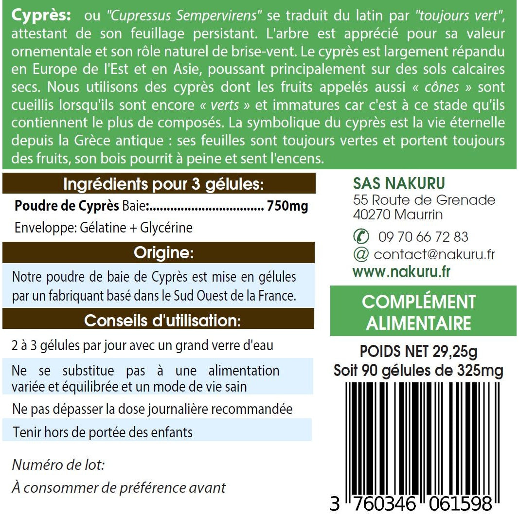 NAKURU Cyprès — 90 gélules — Étiquette dos