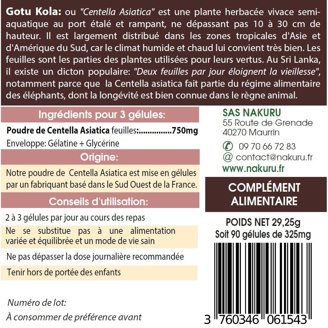 NAKURU Gotu Kola — 90 gélules — Étiquette dos