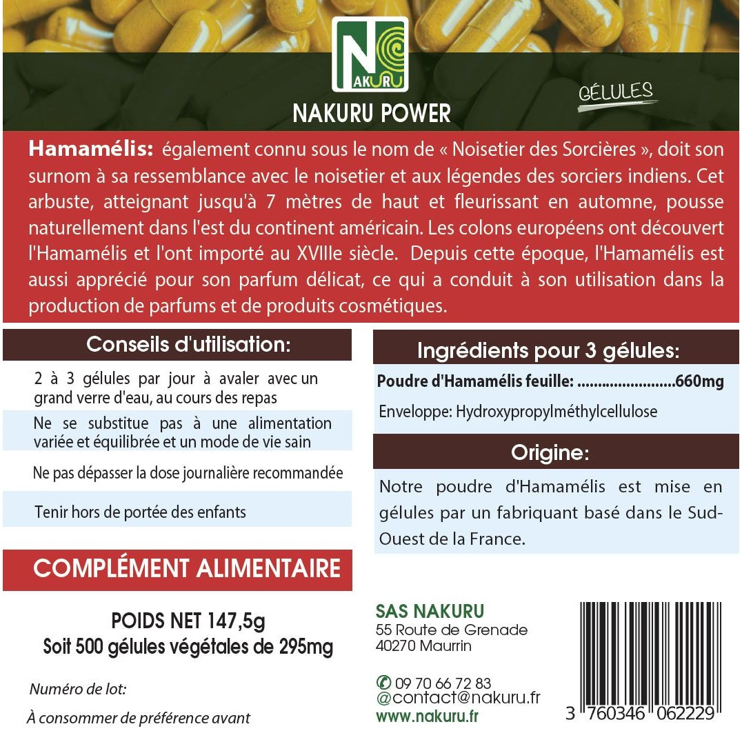 NAKURU Hamamélis — 500 gélules — Étiquette dos