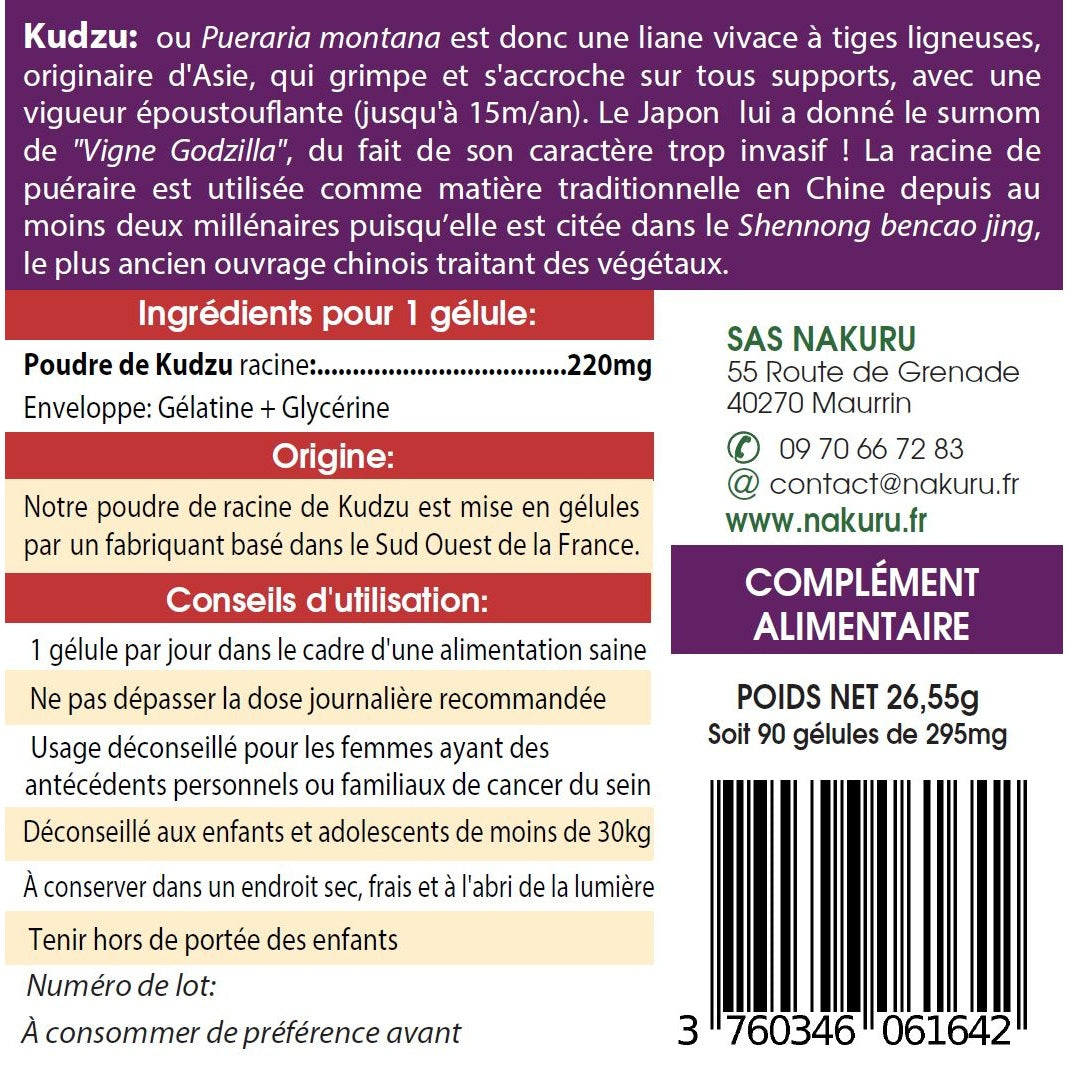 NAKURU Kudzu — 90 gélules — Étiquette dos