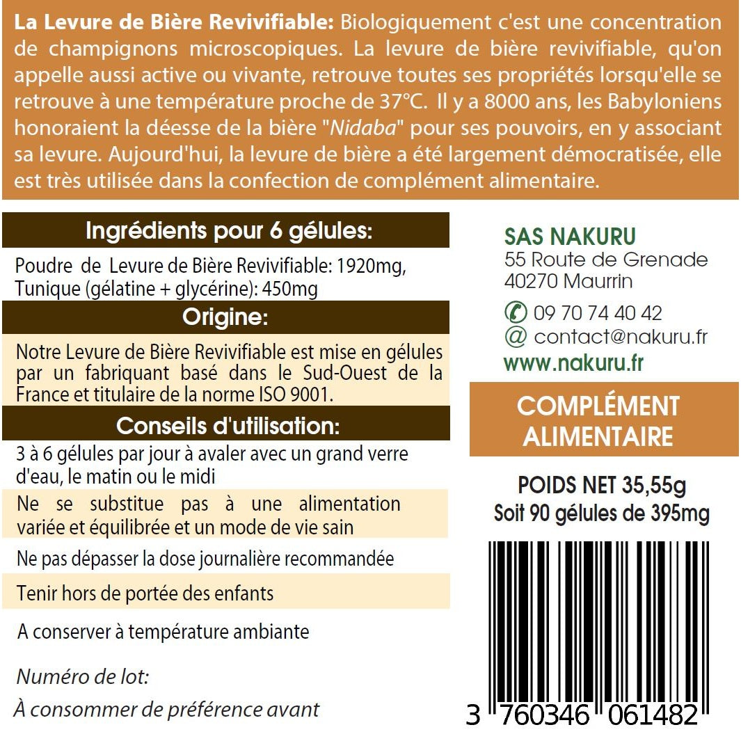 NAKURU Levure de Bière Revivifiable — 90 gélules — Étiquette dos