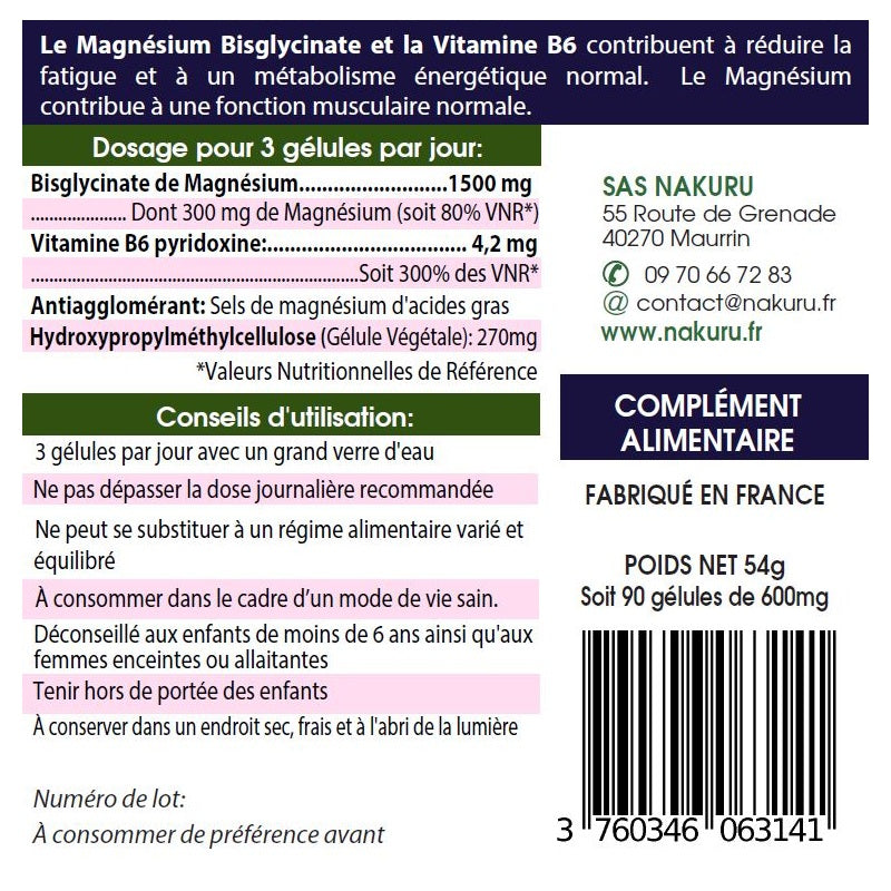 NAKURU Magnésium Bisglycinate — 90 gélules — Étiquette dos