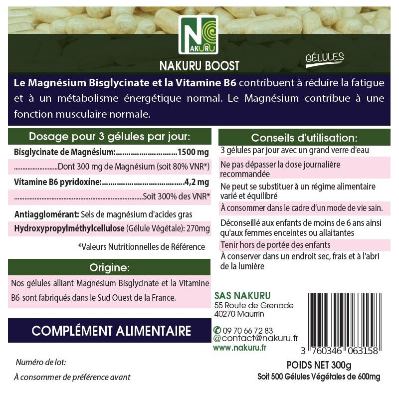 NAKURU Magnésium Bisglycinate — 500 gélules — Étiquette dos