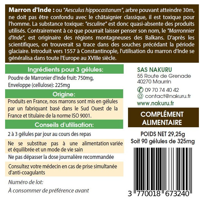 NAKURU Marron d'Inde — 90 gélules — Étiquette dos
