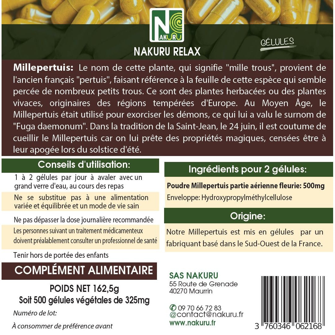 NAKURU Millepertuis — 500 gélules — Étiquette dos