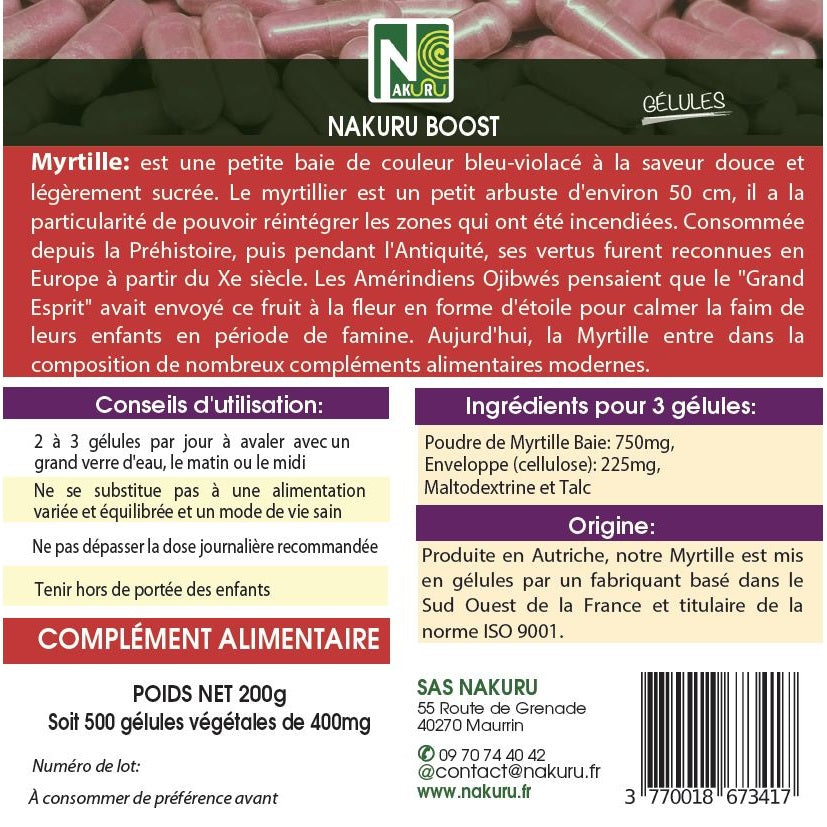 NAKURU Myrtille — 500 gélules — Étiquette dos