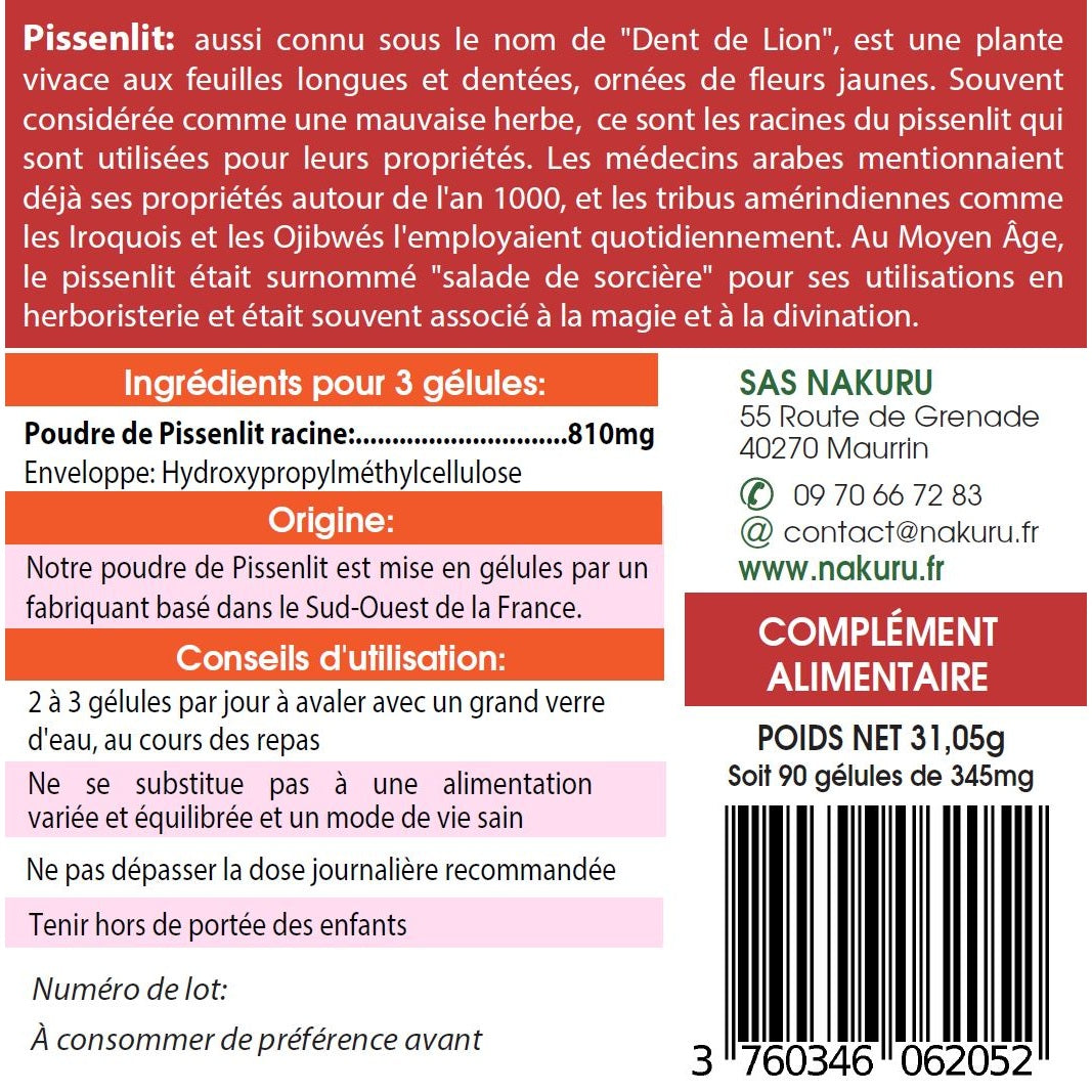 NAKURU Pissenlit — 90 gélules — Étiquette dos