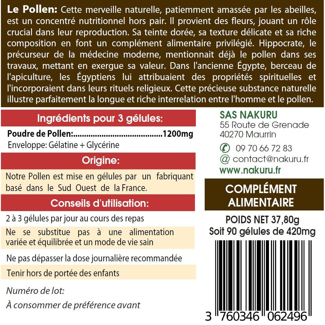 NAKURU Pollen — 90 gélules — Étiquette dos