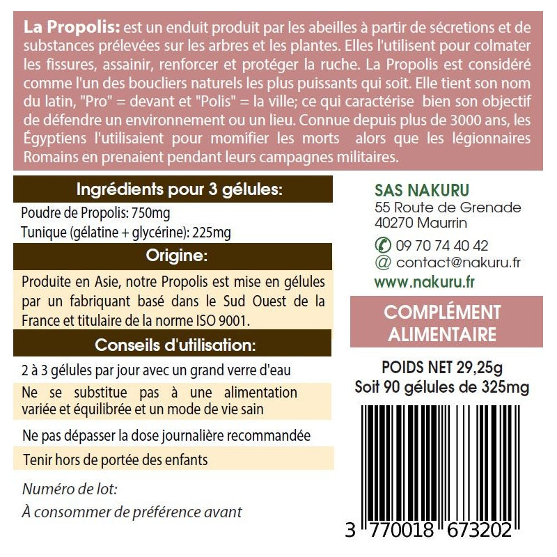 NAKURU Propolis — 90 gélules — Étiquette dos