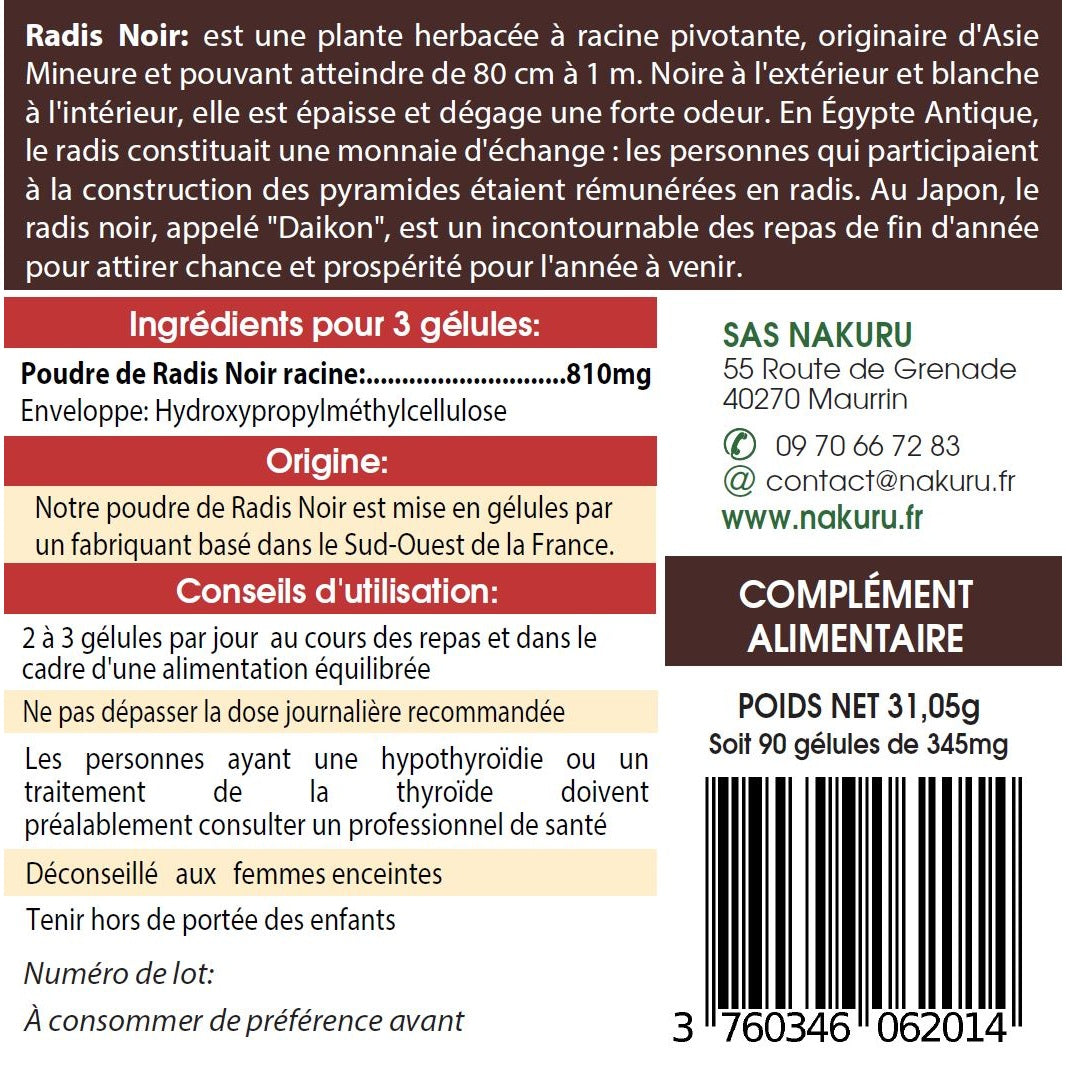 NAKURU Radis Noir — 90 gélules — Étiquette dos