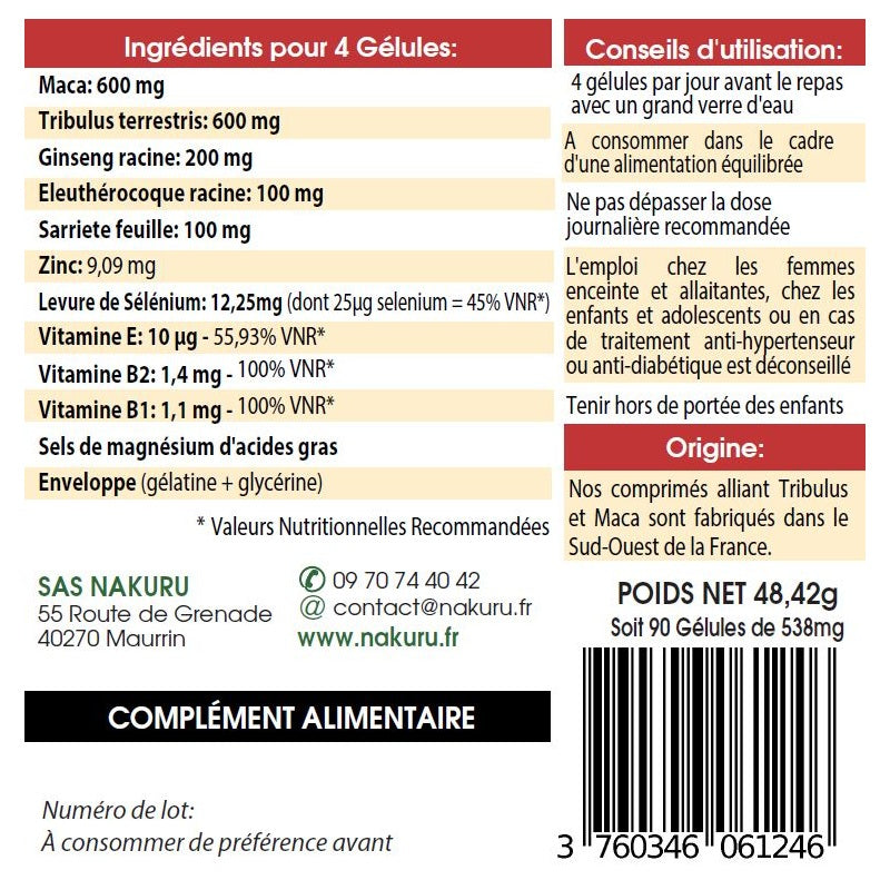 NAKURU Tribulus + Maca — 90 gélules — Étiquette dos