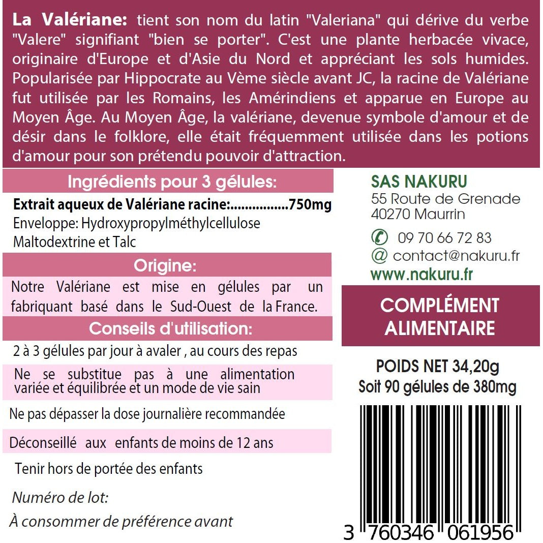 NAKURU Valériane — 90 gélules — Étiquette dos