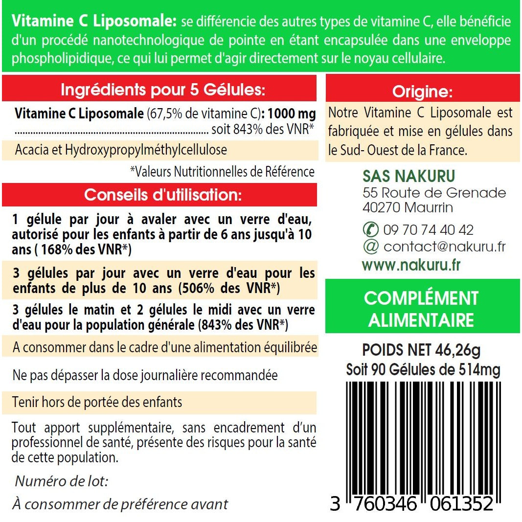 NAKURU Vitamine C Liposomale — 90 gélules — Étiquette dos