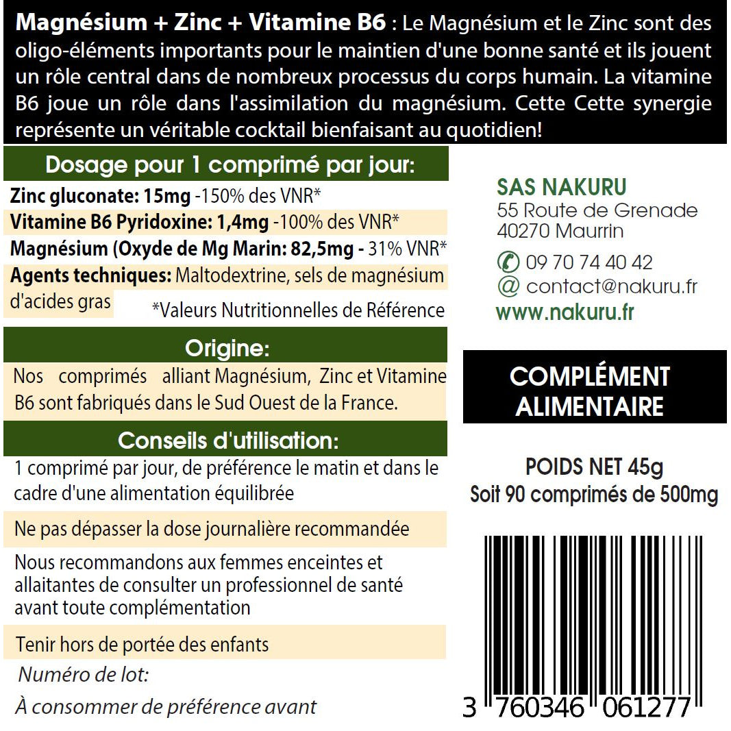 NAKURU Magnésium + Zinc+ Vitamine B6 — 90 comprimés — Étiquette dos
