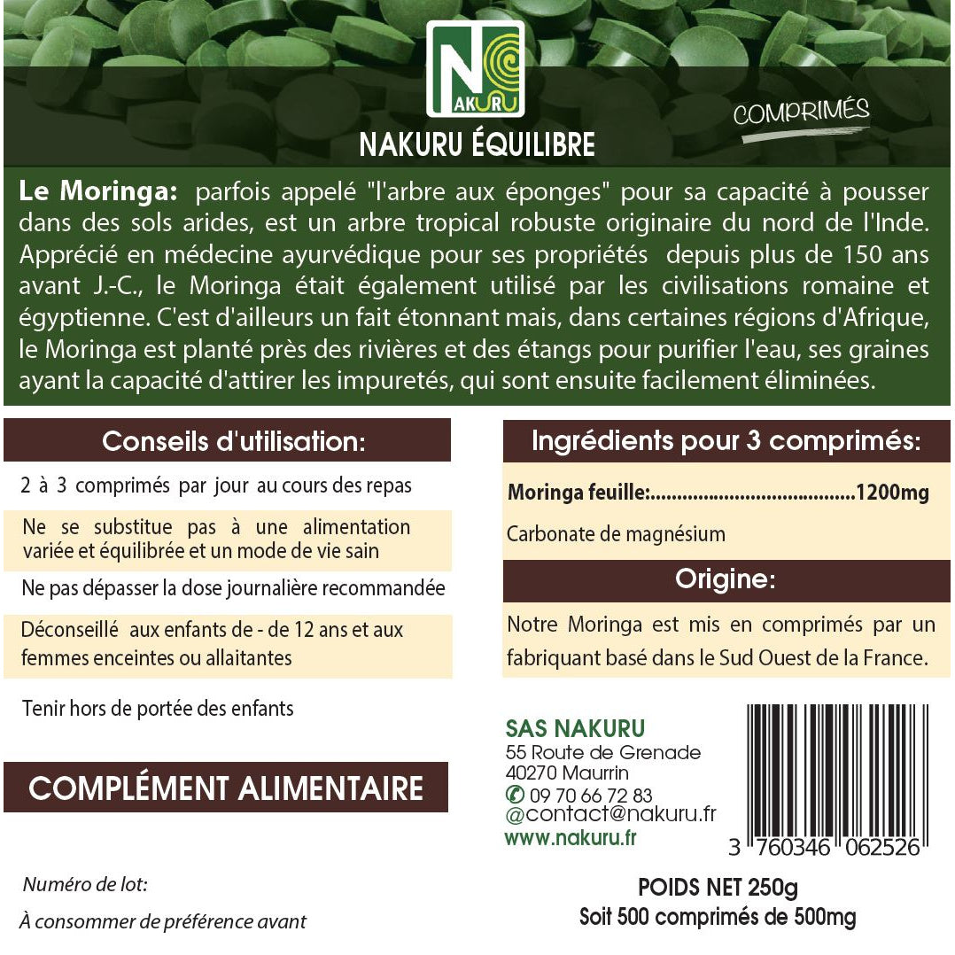 NAKURU Moringa — 500 comprimés — Étiquette dos