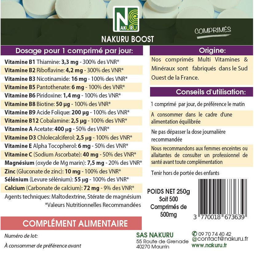 NAKURU Multi Vitamines & Minéraux — 500 comprimés — Étiquette dos