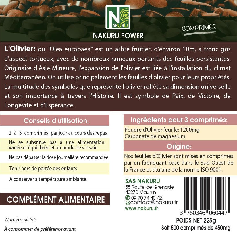 NAKURU Olivier — 500 comprimés — Étiquette dos