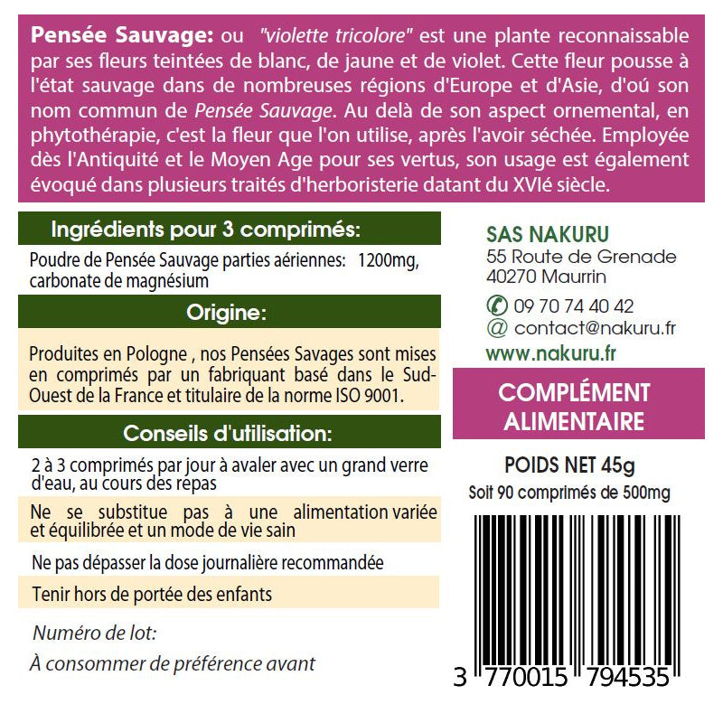 NAKURU Pensée Sauvage — 90 comprimés — Étiquette dos