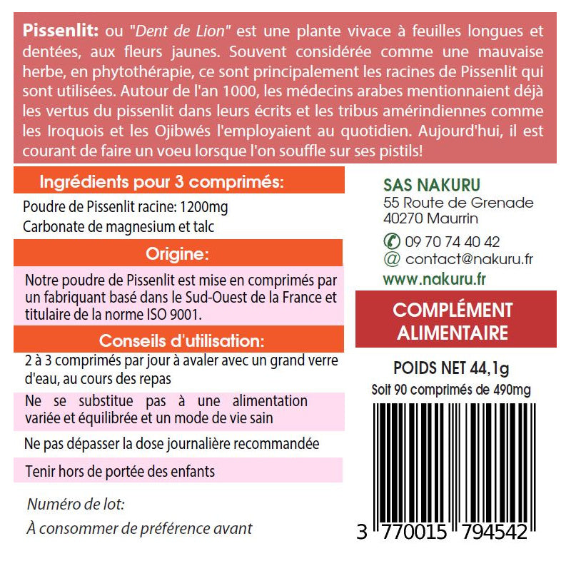 NAKURU Pissenlit — 90 comprimés — Étiquette dos
